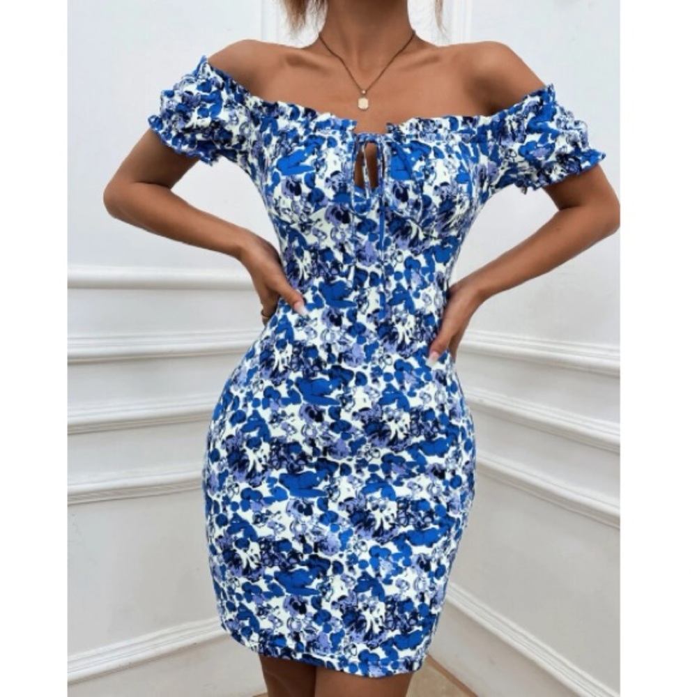 Boho blue floral Print Off Shoulder Bodycon Dress - Picture 5 of 11